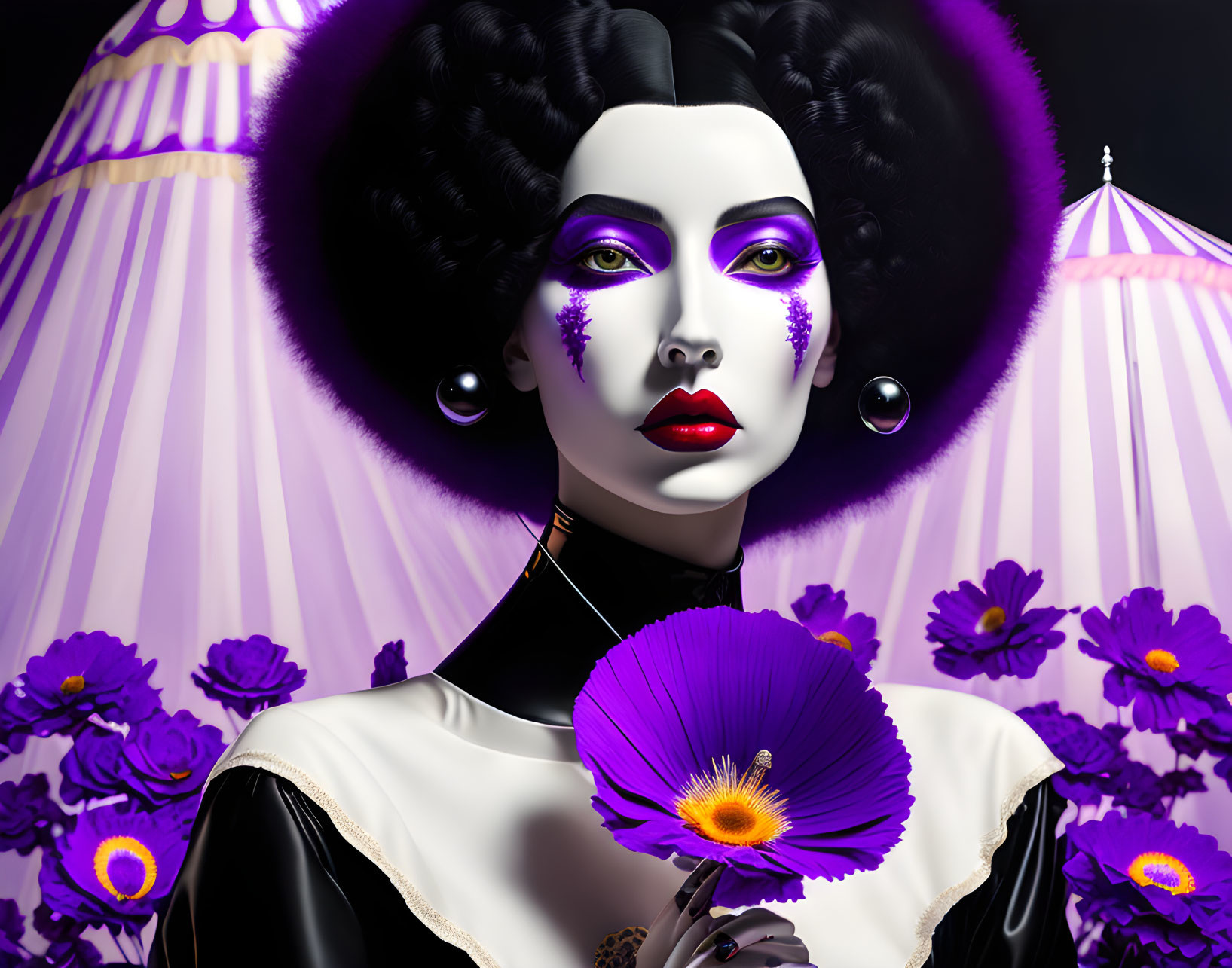 Stylized woman with black hair and purple flower on floral striped background