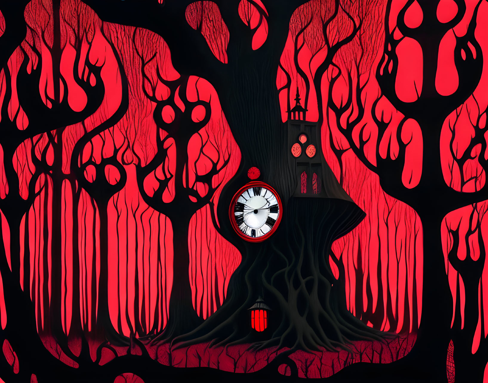 Surreal red and black illustration with twisted tree, melting shapes, clocks, and house