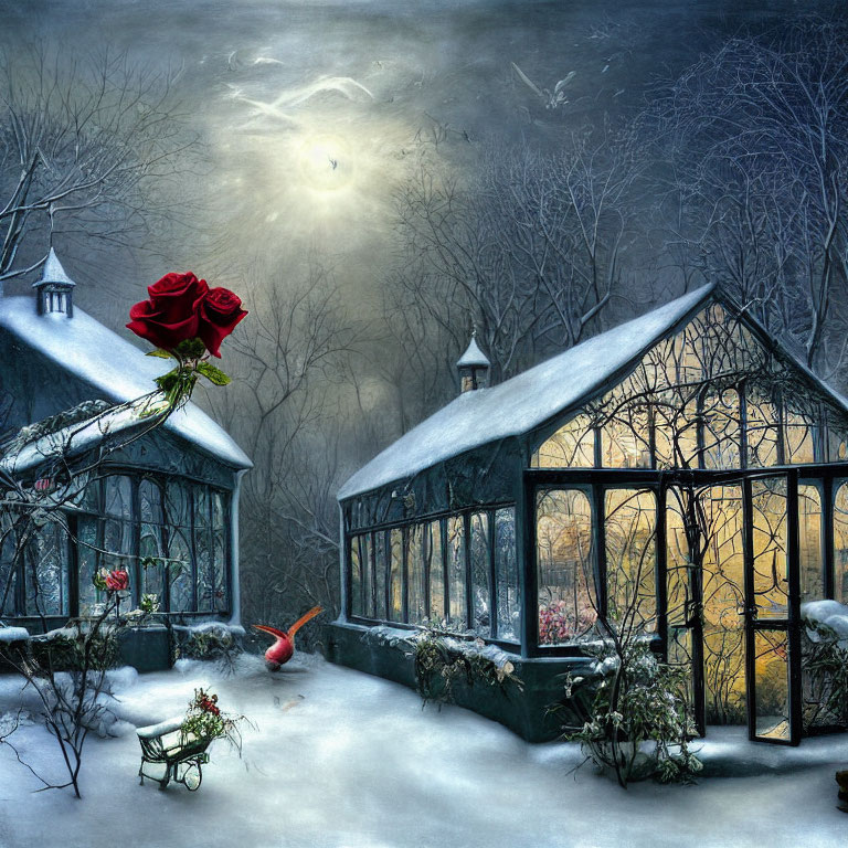 Snowy Scene with Greenhouses, Giant Red Rose, and Moonlit Sky