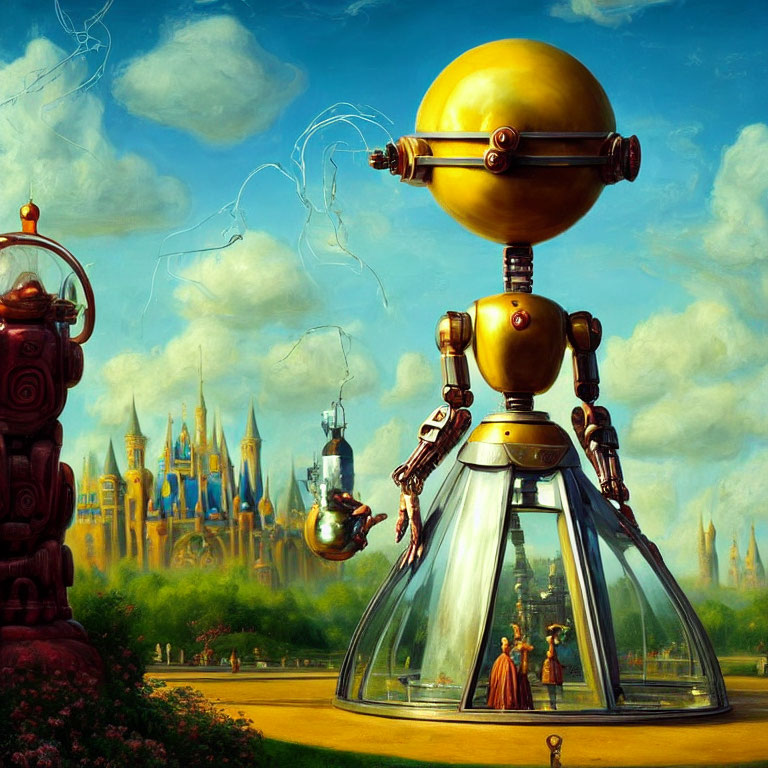 Whimsical robot painting with glass dome skirt and golden sphere torso under blue skies and castle.