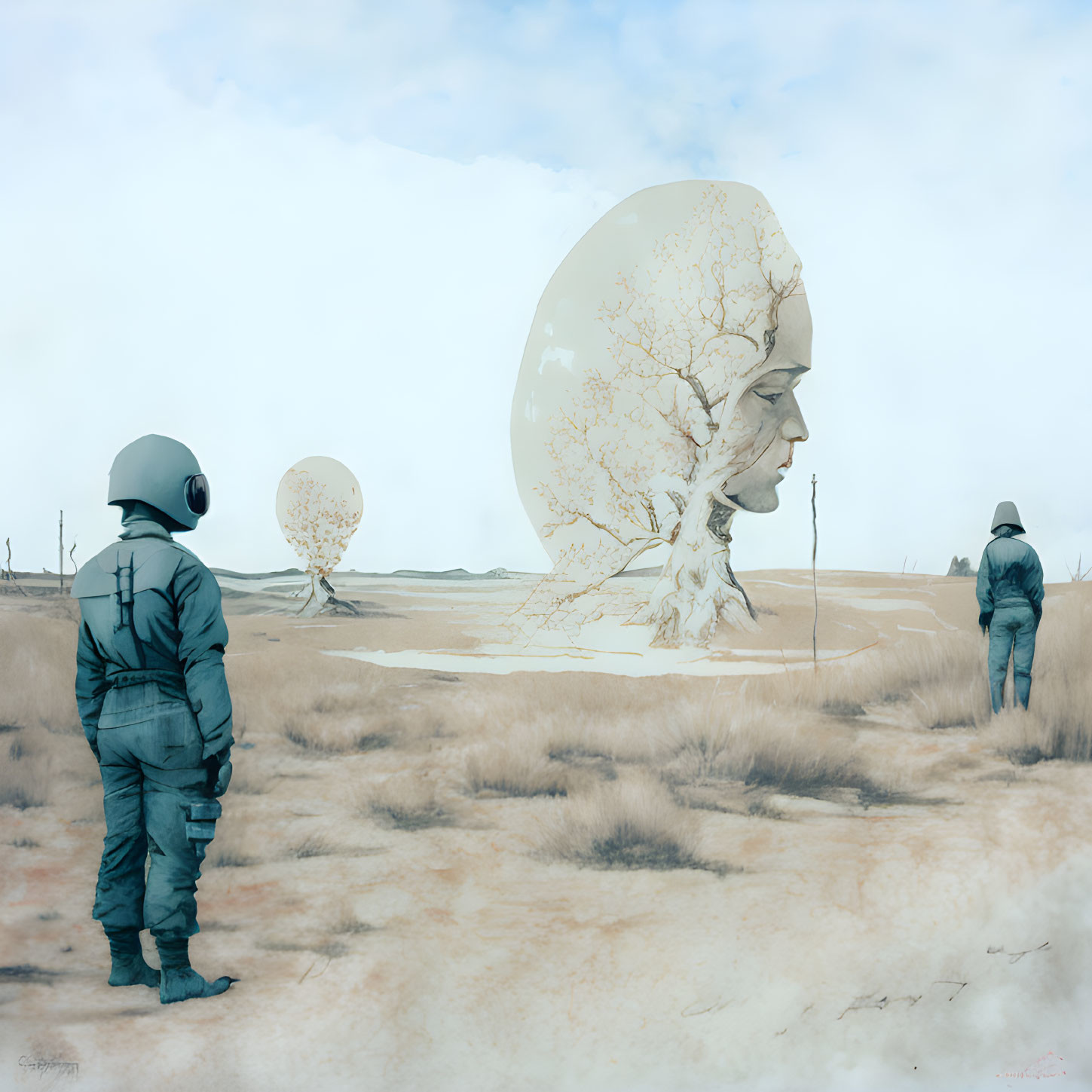 Astronauts viewing transparent spheres with tree silhouettes in grassy landscape