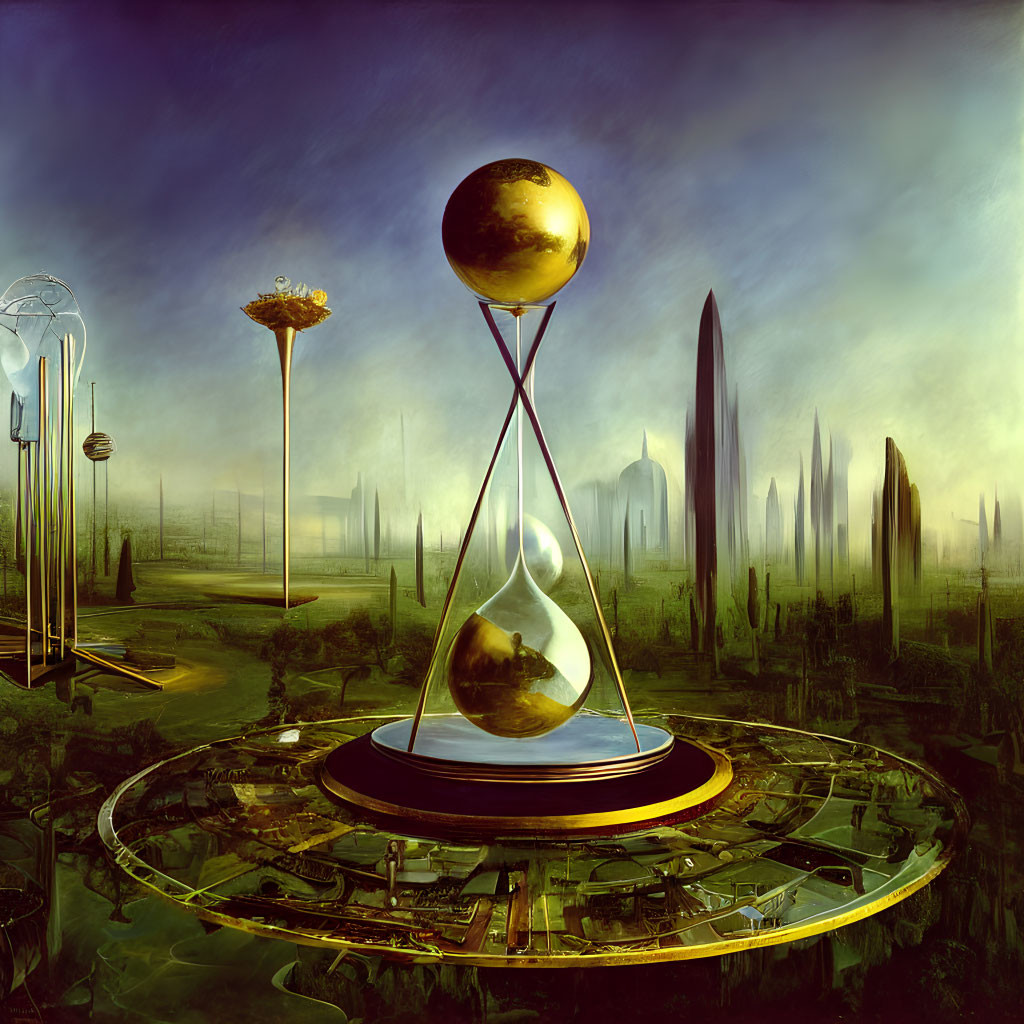 Futuristic cityscape with colossal hourglass and golden spheres in hazy sky