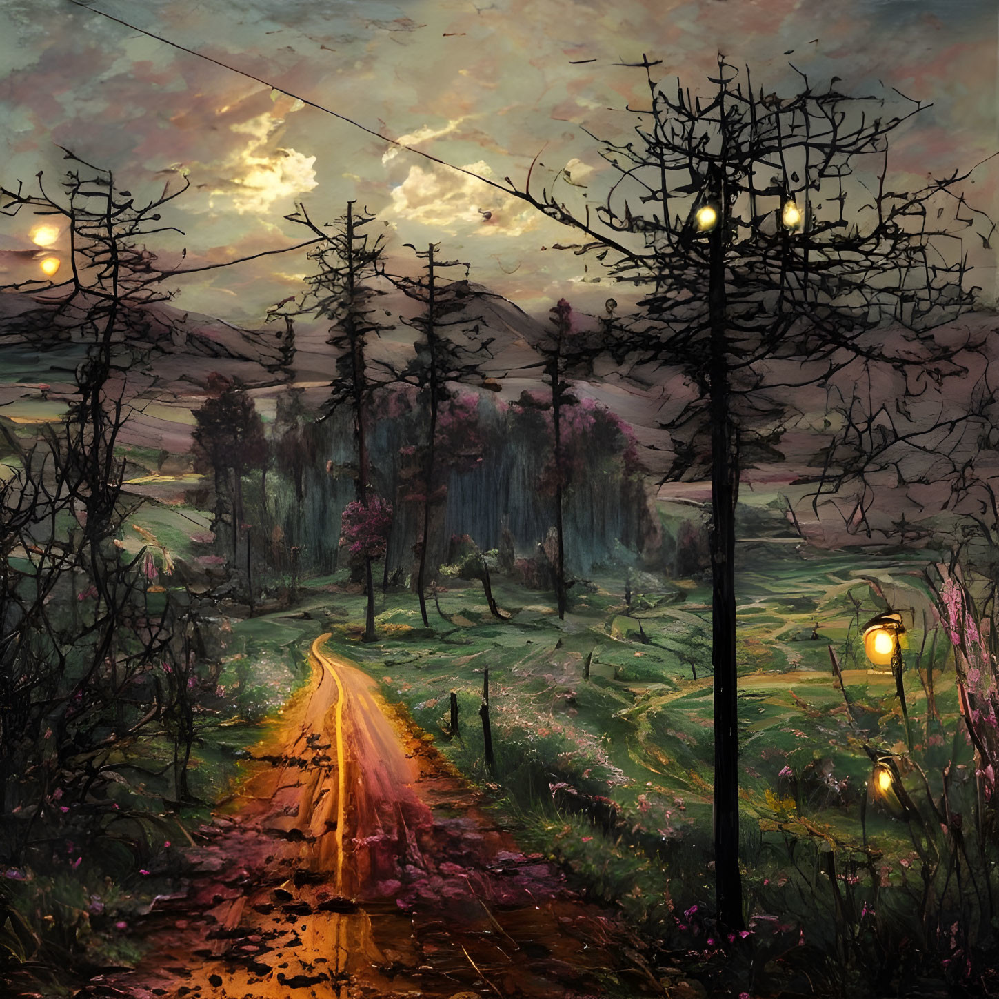 Vibrant dusk landscape with lit path and moonlit sky