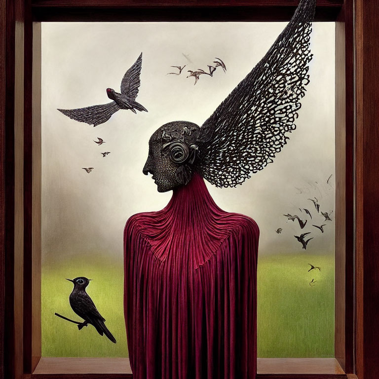 Surreal artwork: figure with bird-like head in red, birds flying, green background, wooden