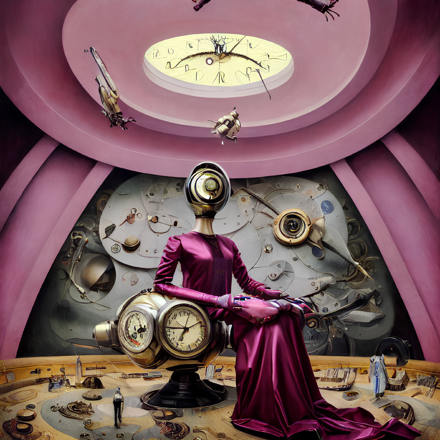 Humanoid Figure with Clock Head in Purple Dress Surrounded by Mechanical Parts and Timepieces