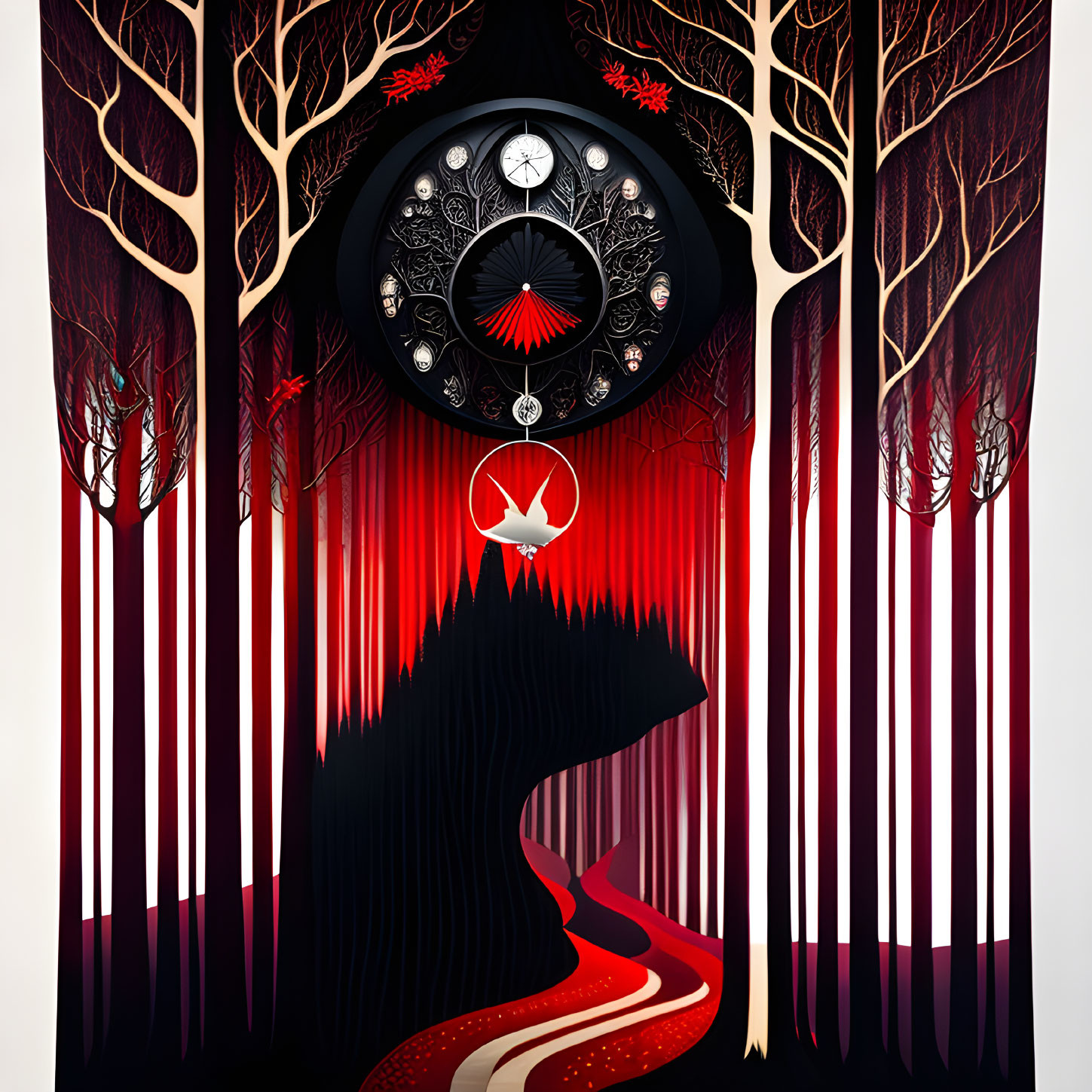 Stylized graphic forest with dark trees and wolf silhouette on red-black gradient background