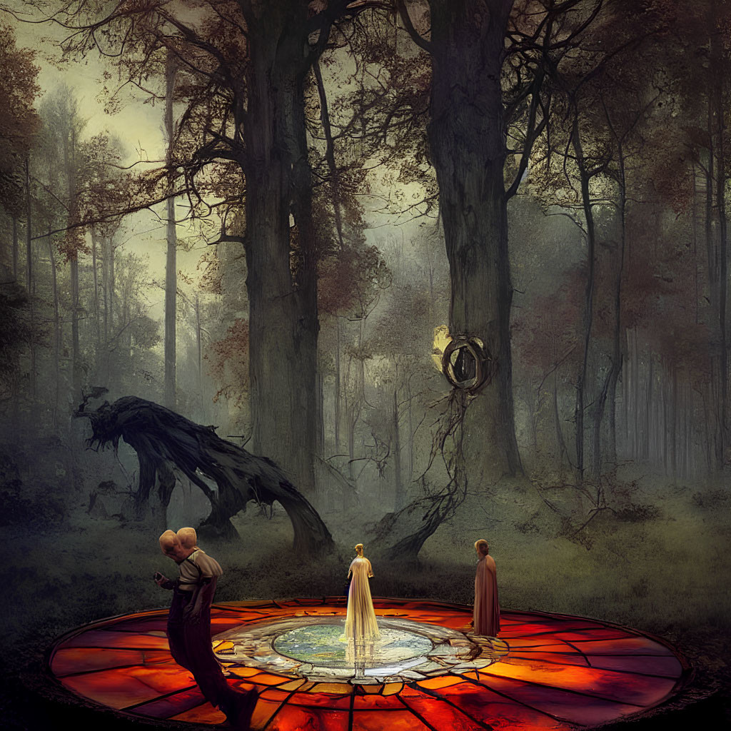 Mystical forest scene with robed figures, glowing portal, and shadowy creature