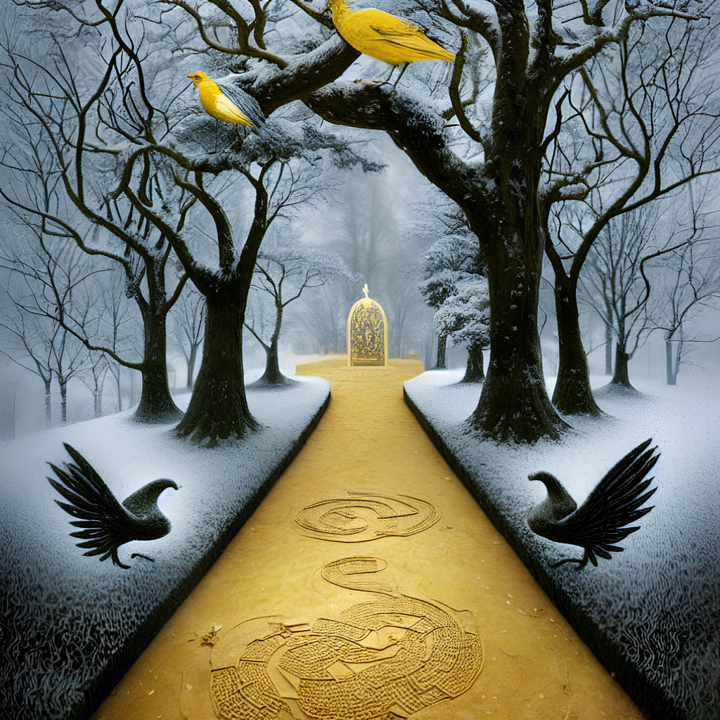 Mystical winter landscape with yellow brick road and golden gate