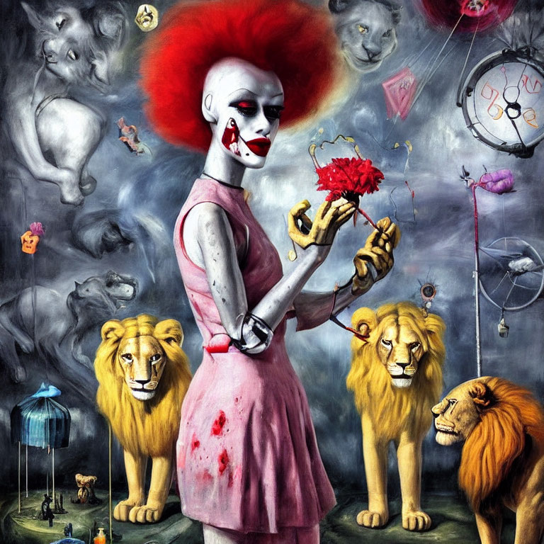 Surreal red-haired clown with lions, floating objects, and eerie figures