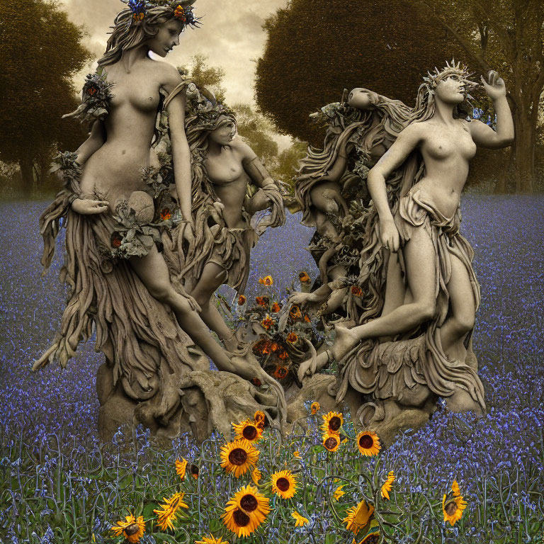 Surreal image: Nude statues, sunflowers, blue flowers, forest.