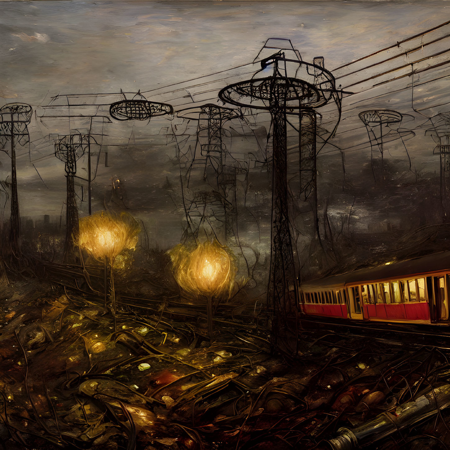 Dystopian red tram in dark landscape with car wrecks and eerie towers