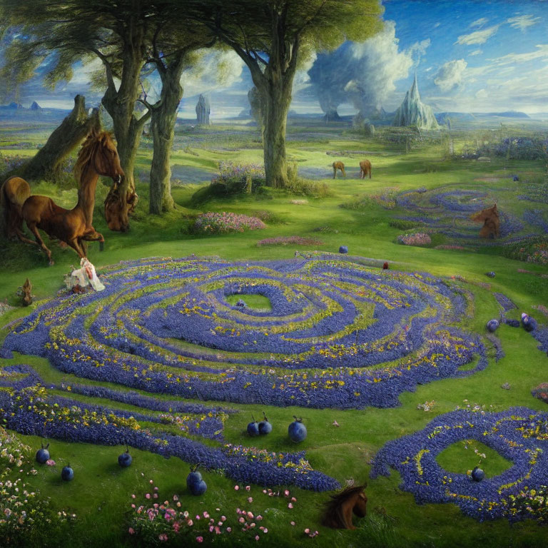 Bucolic fantasy landscape with girl reading, spiral flower, horses, hills, mountains