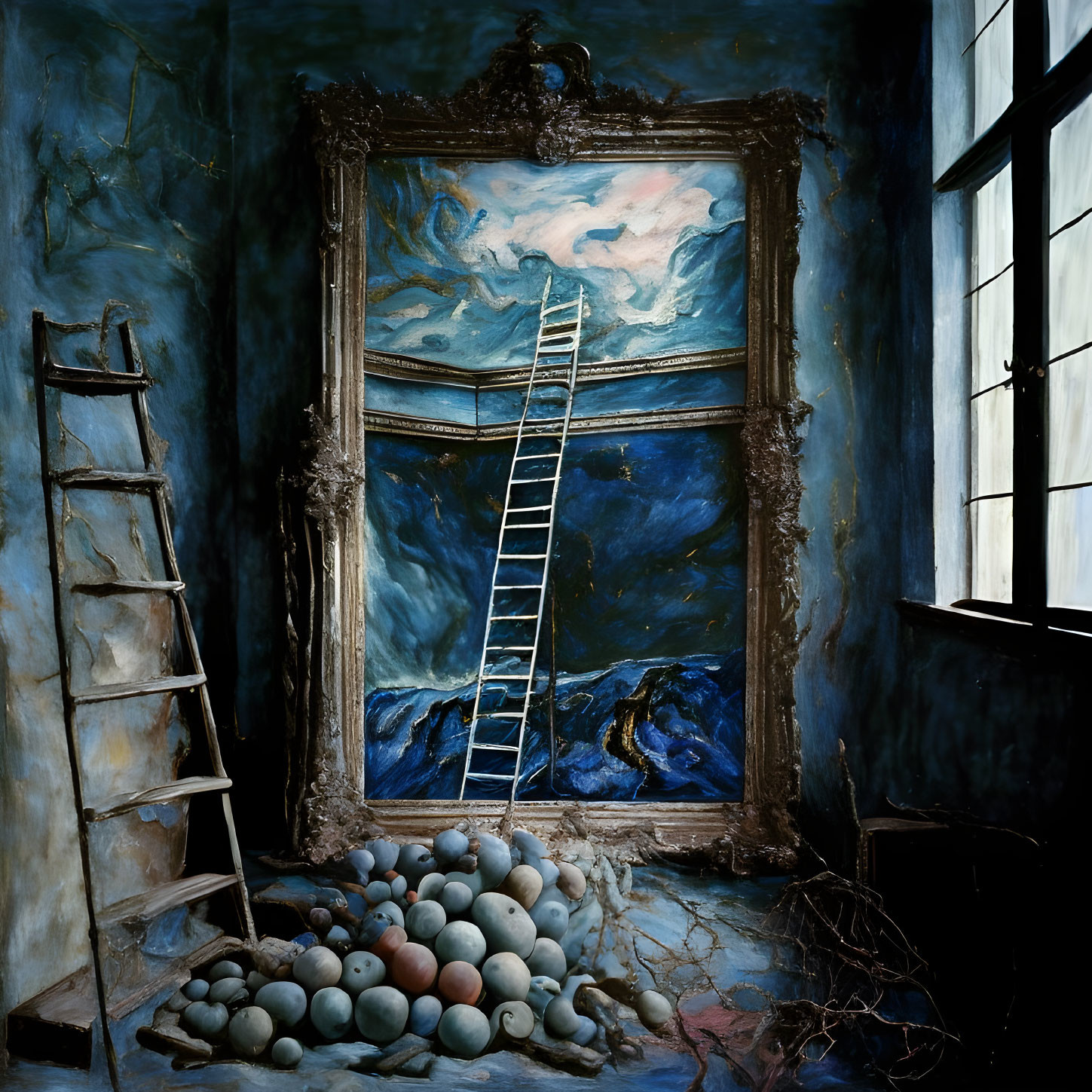 Surreal painting with ladder, eggs, and window frame