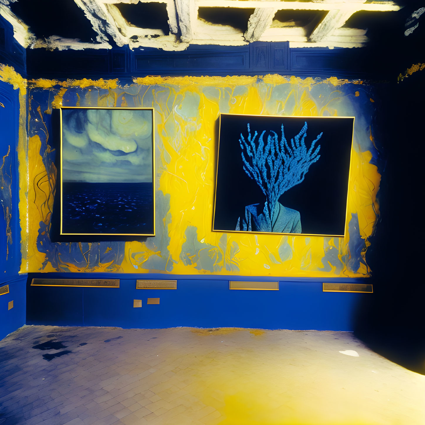 Vivid Blue and Yellow Art Exhibit Room with Large Framed Artworks