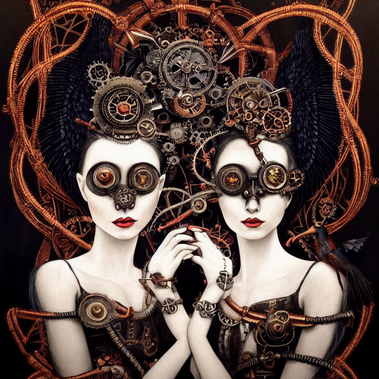 Pale-faced figures in steampunk headgear against gear backdrop