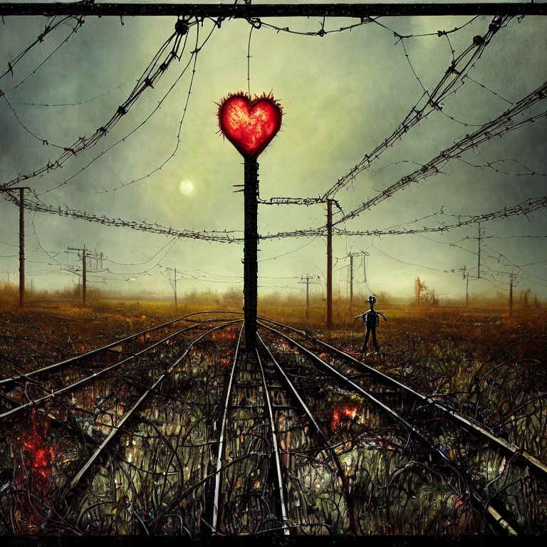 Stylized image of person at railway junction with heart-shaped light in moody landscape