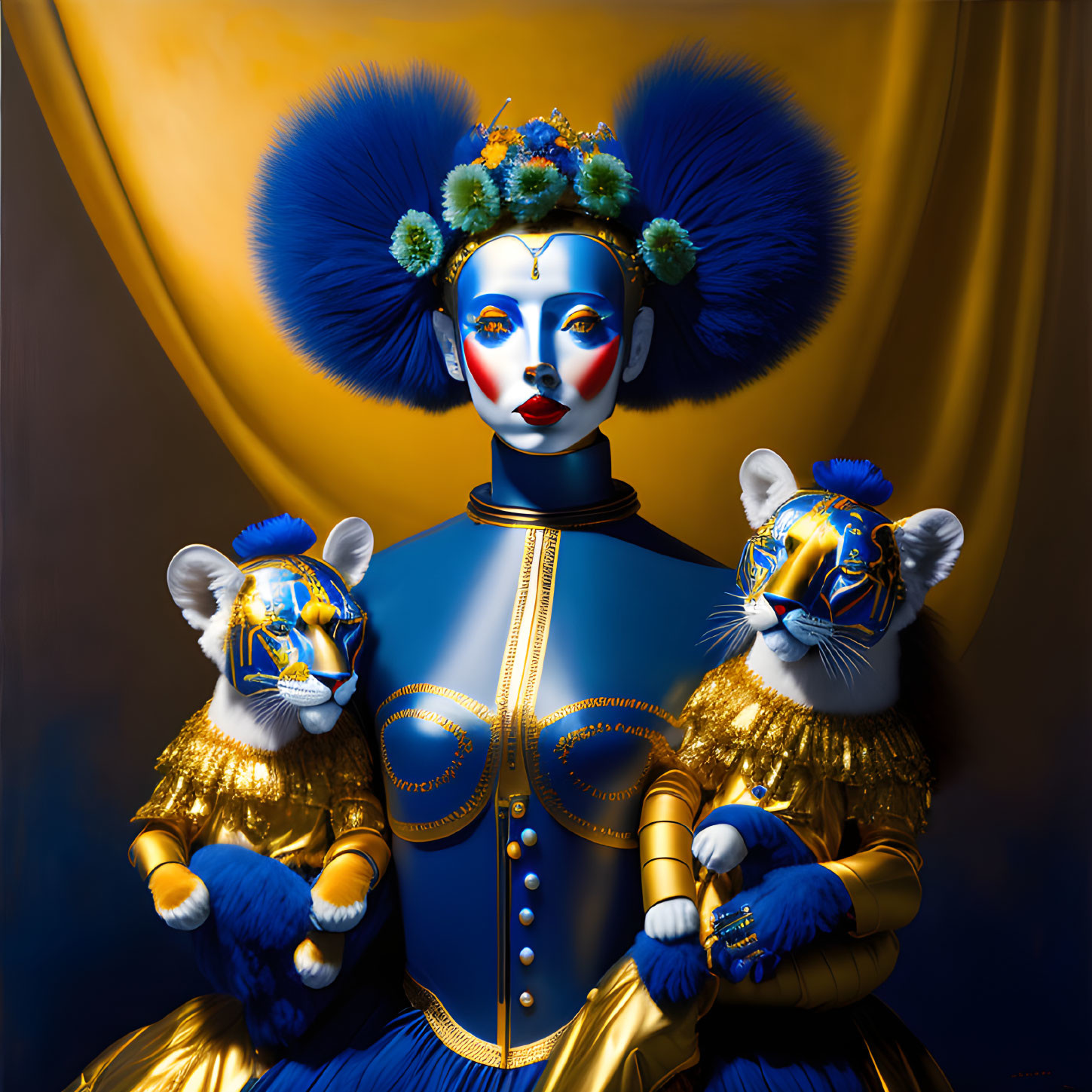 Blue-skinned figure with elaborate headgear and white tiger figures on golden backdrop
