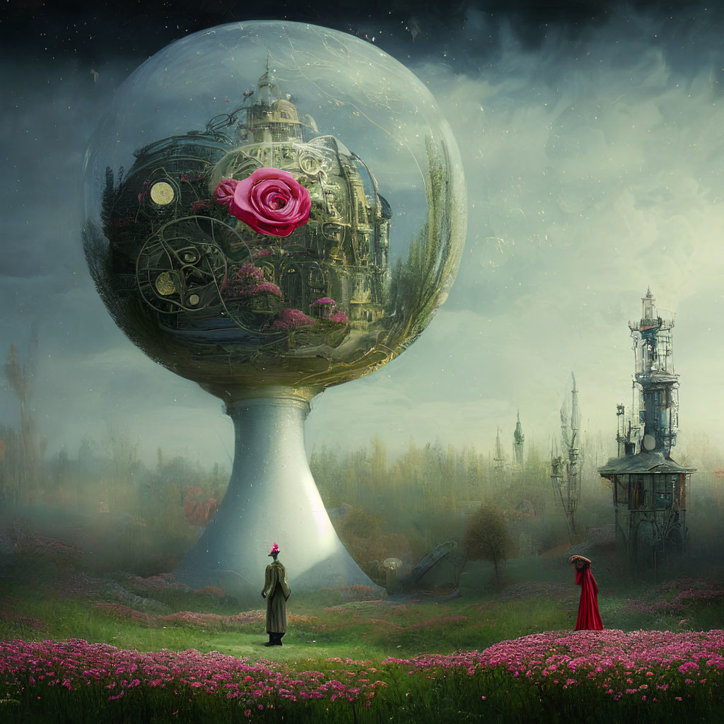 Surreal glass orb with city, rose, figures in flower field