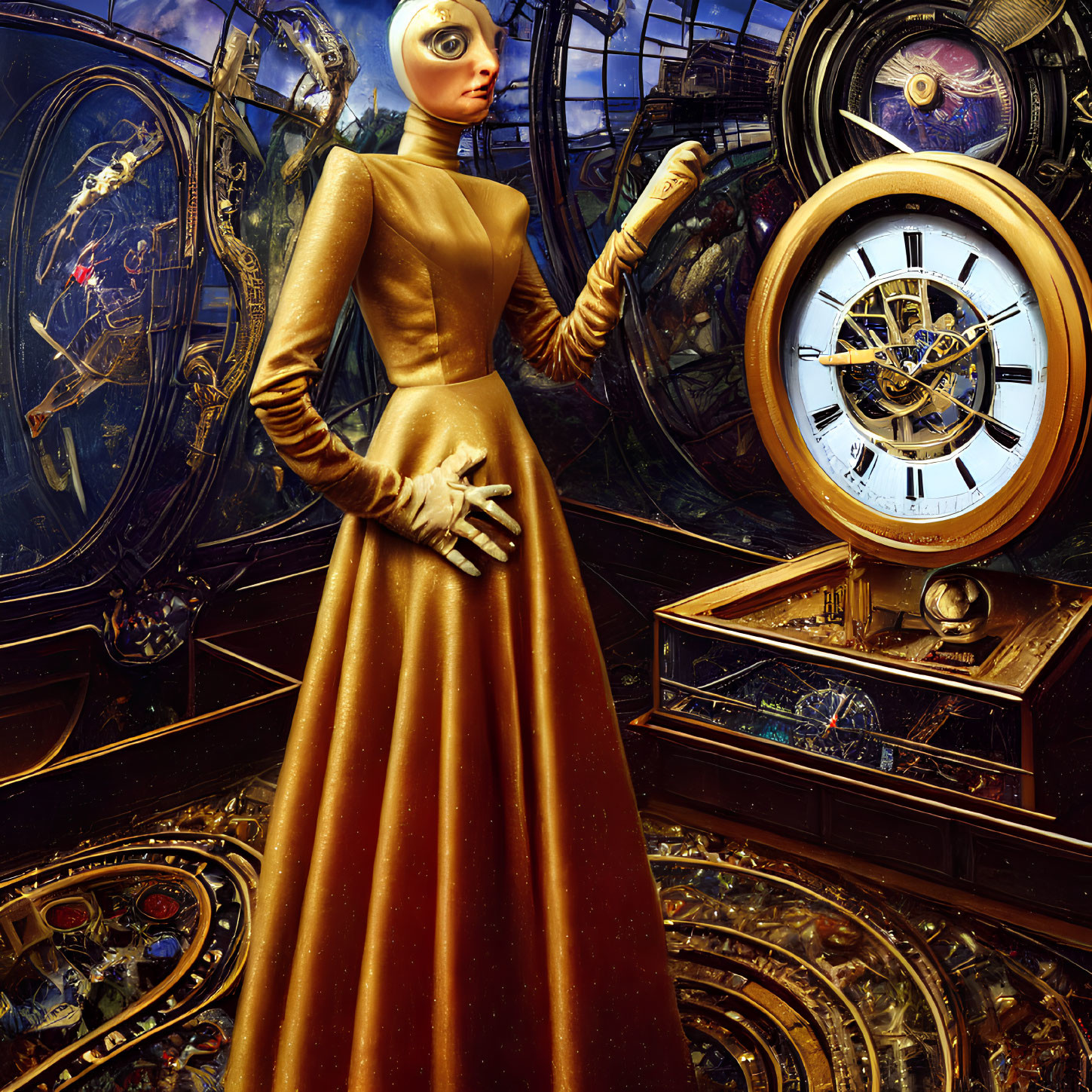 Stylized female figure in gold dress with clock gears backdrop and pocket watch