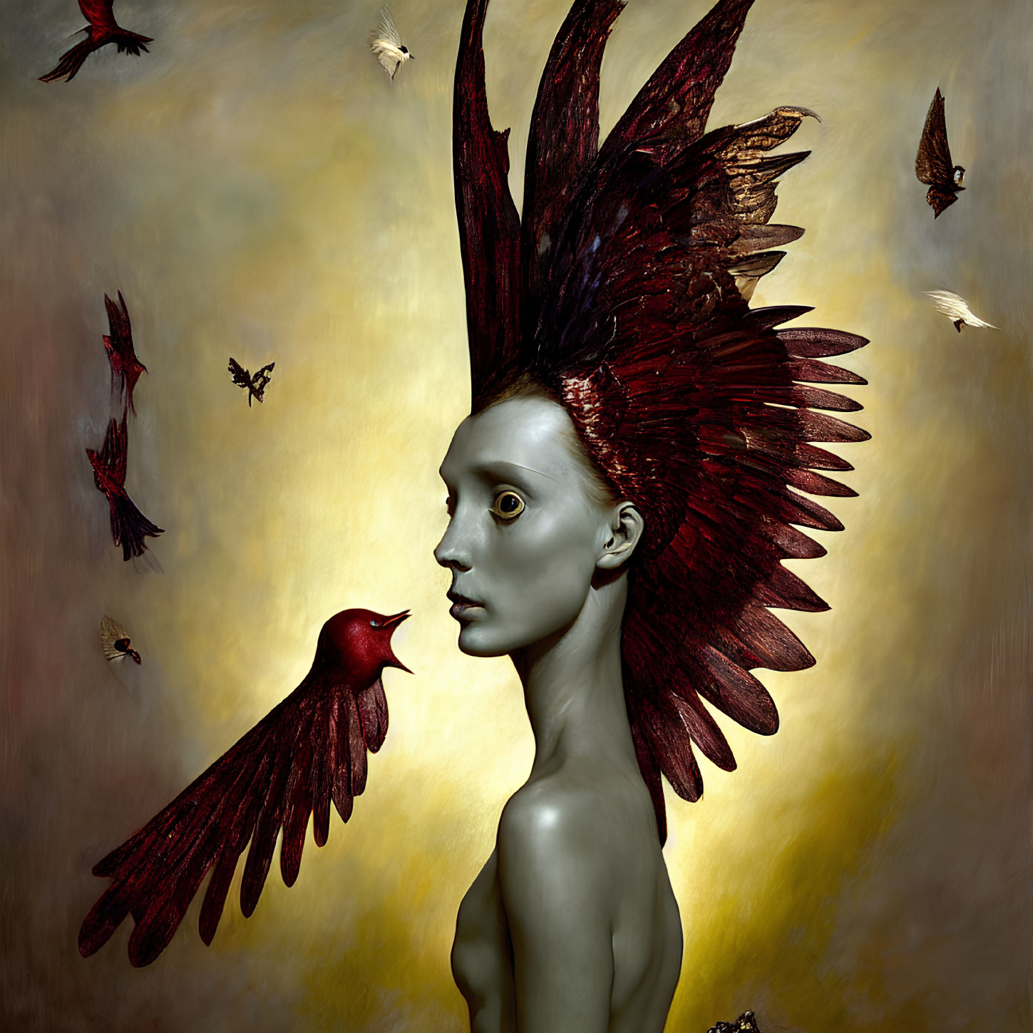 Surreal portrait with figure in red headdress and birds on warm background