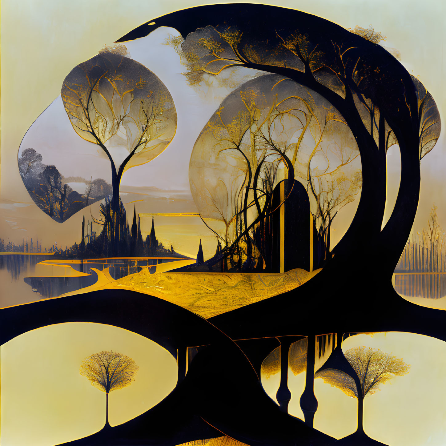 Symmetrical surreal landscape with trees and silhouettes in circular motifs