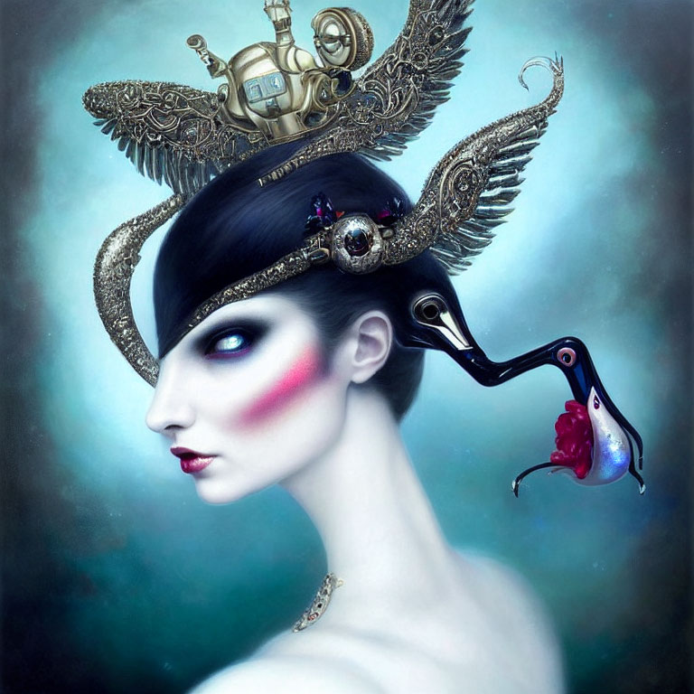 Dark-haired woman portrait with intricate mechanical headdress and surreal creature