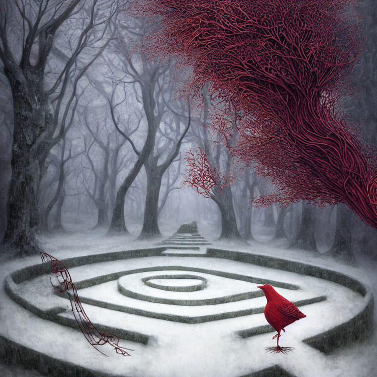 Snowy Landscape with Circular Labyrinth, Twisting Trees, Red Leaves, and Vibrant Bird