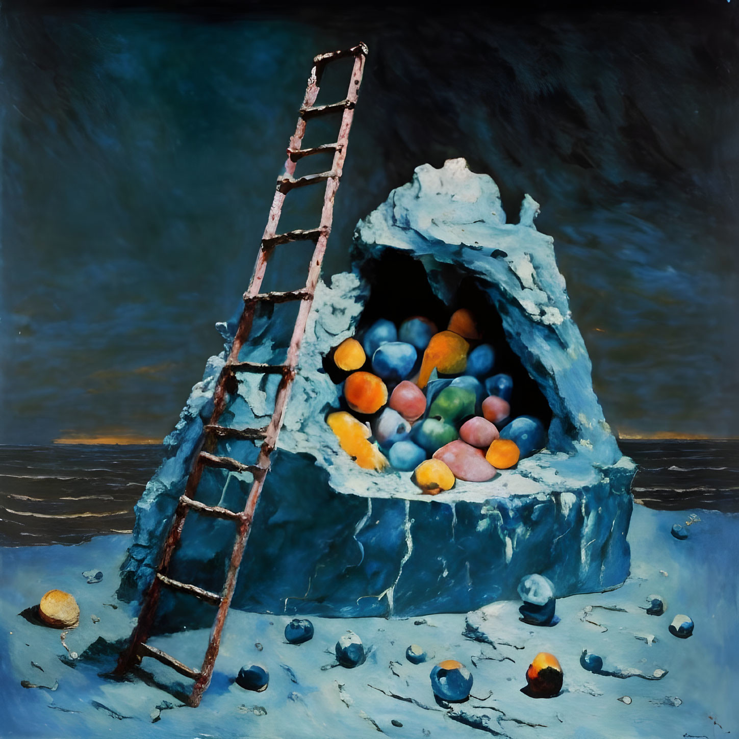 Wooden ladder against cave with colorful orbs in moon-like landscape