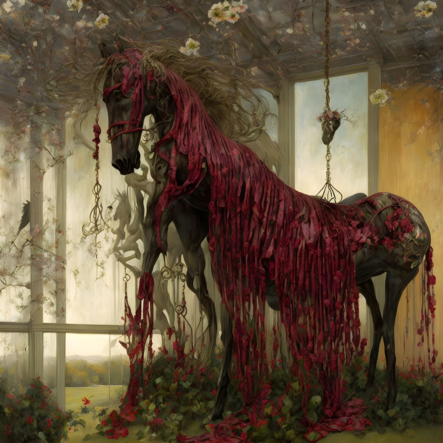 Majestic horses entwined with red flowers in misty landscape