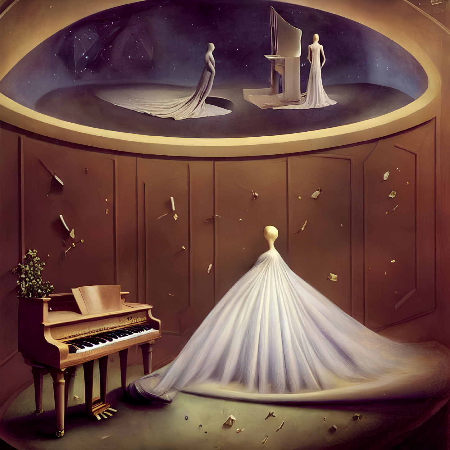 Surreal scene with floating gown, celestial figures, and scattered music sheets.