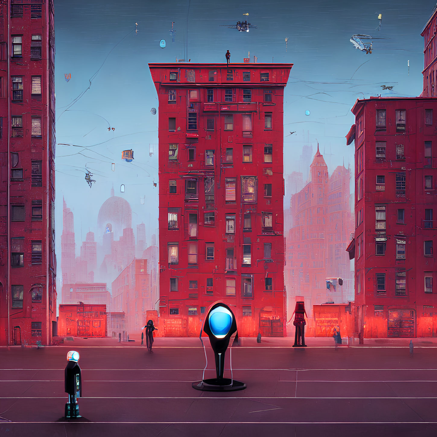 Futuristic red-hued cityscape with flying vehicles and towering buildings