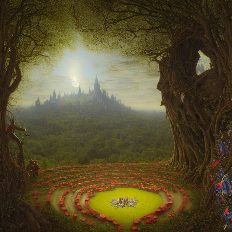 Fantasy landscape with red-petaled flower pattern, ancient trees, and distant castle under hazy