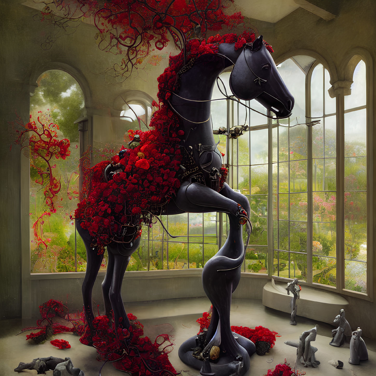 Black horse sculpture with red flowers in classical room