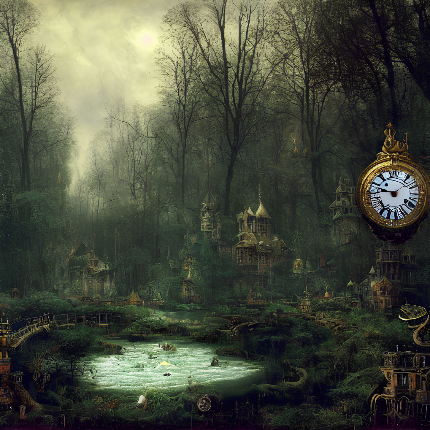 Mystical forest scene with floating clock, treehouses, swans, and ethereal ambiance