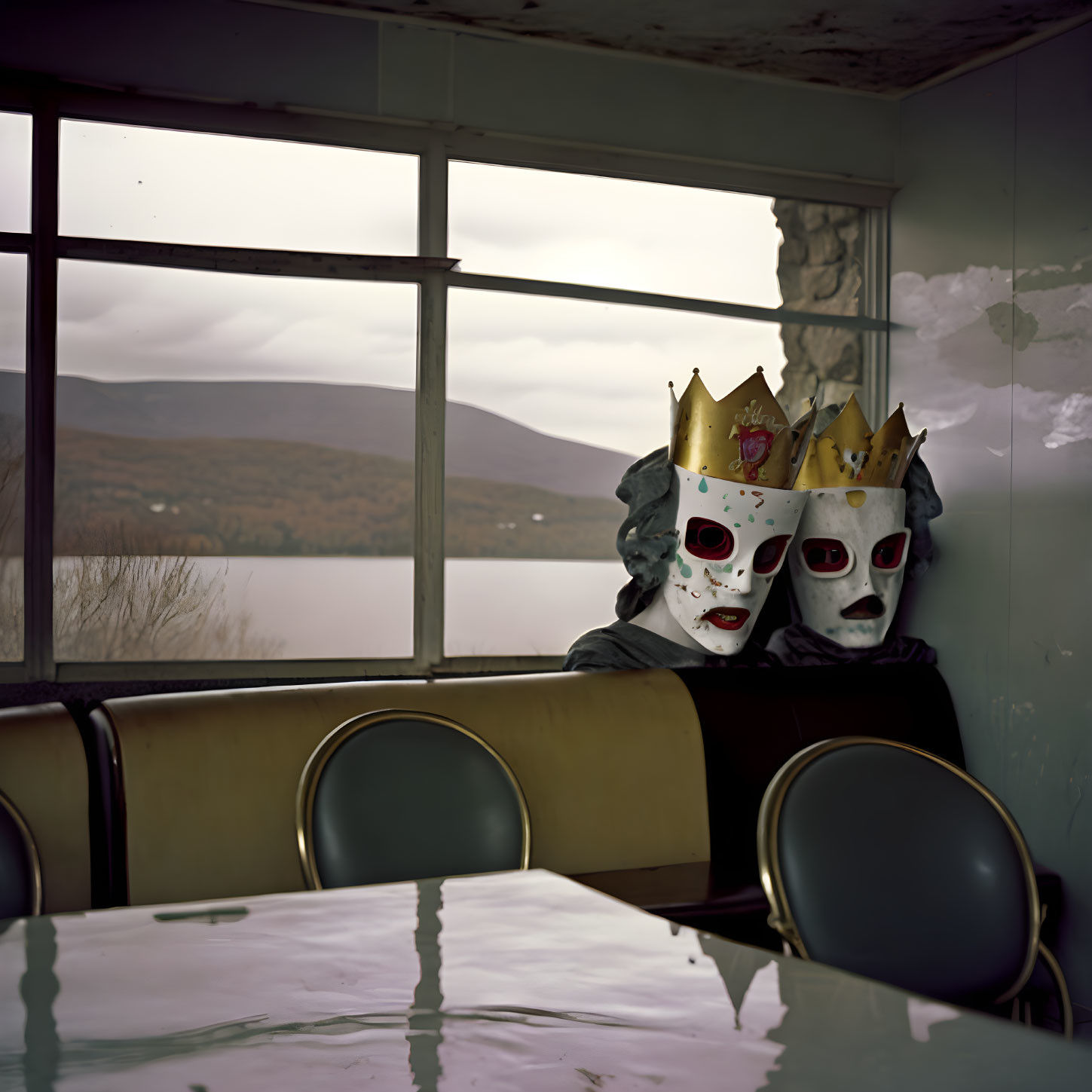 Two individuals in white masks and paper crowns at diner table by lake and hills.