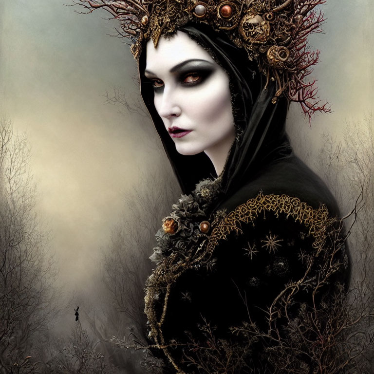 Pale woman with dark makeup in ornate headpiece in foggy landscape