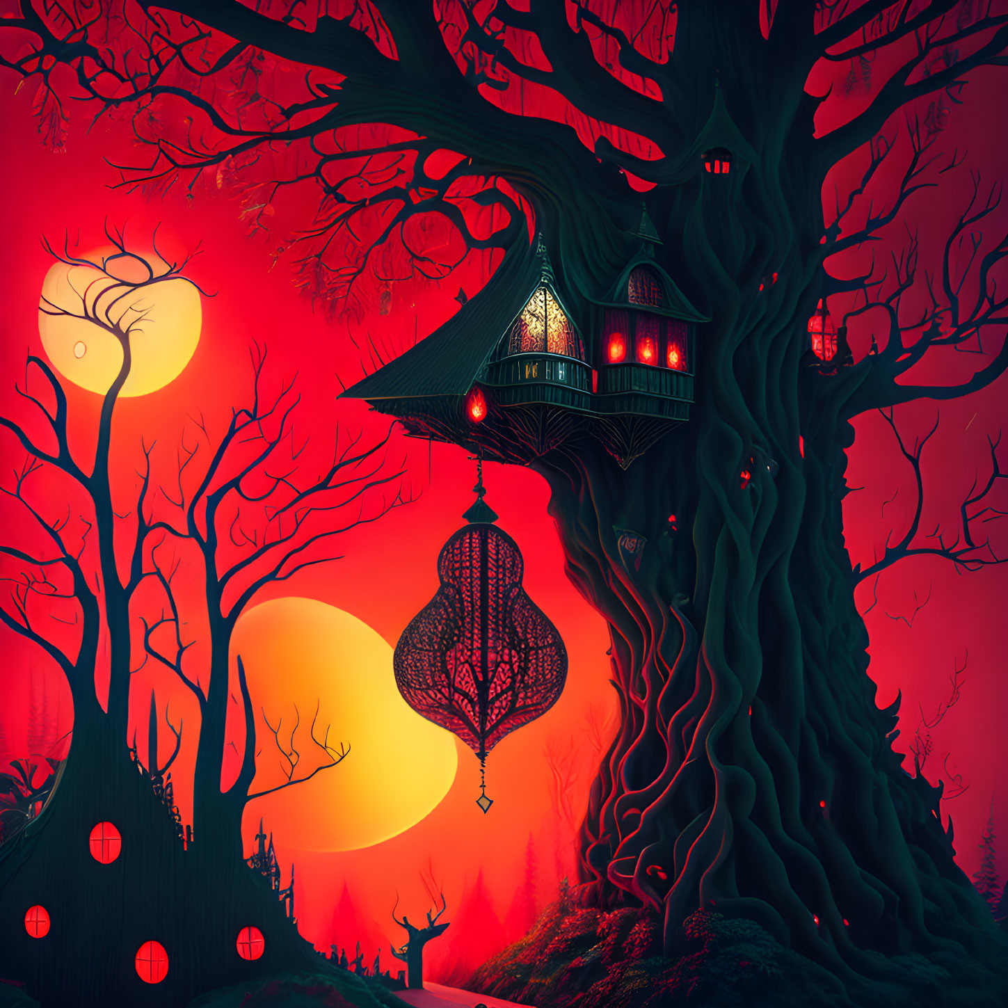 Unique Artwork: Massive Tree with House, Red Sky, Two Suns, and Lantern