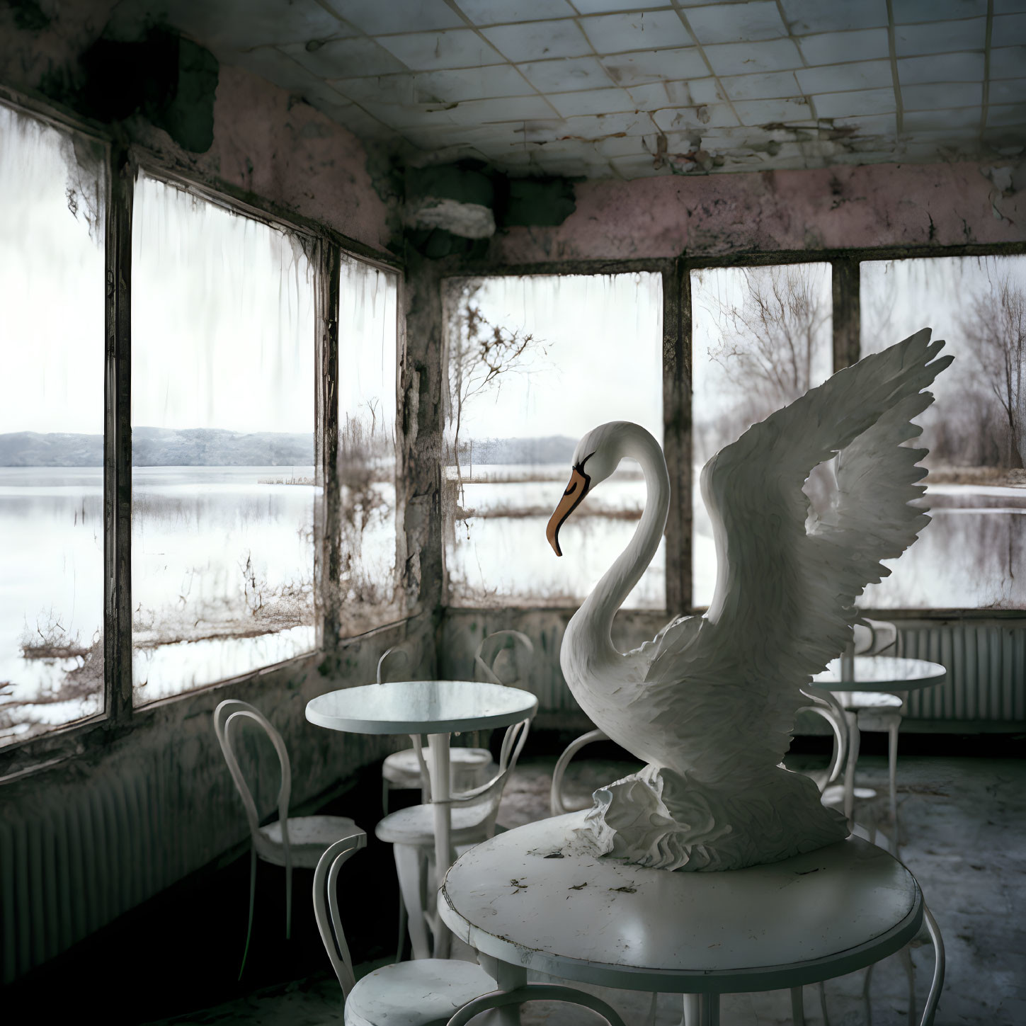 Swan sculpture with spread wings in abandoned cafe overlooking foggy waterscape