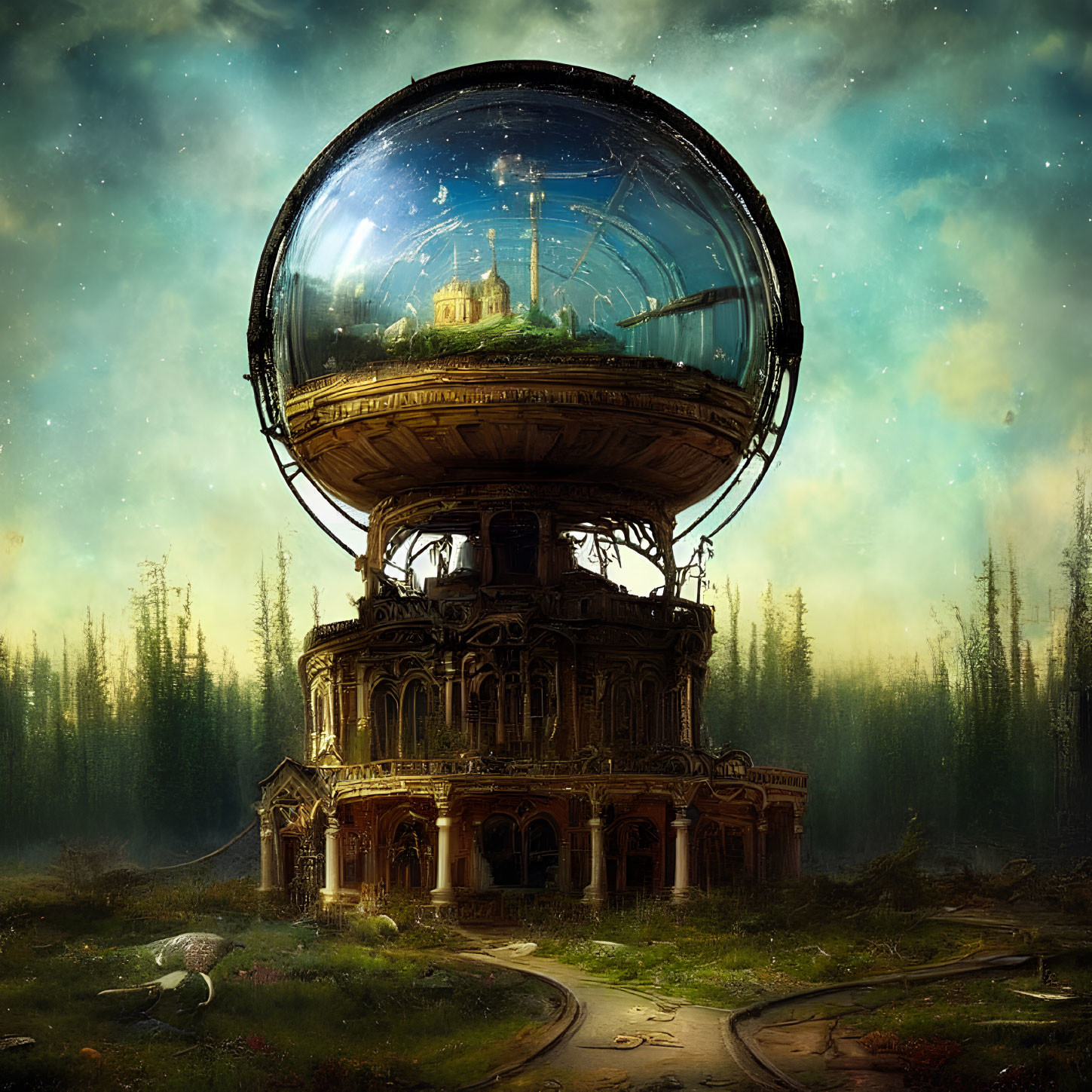 Fantasy building with glass dome & cityscape against starry backdrop