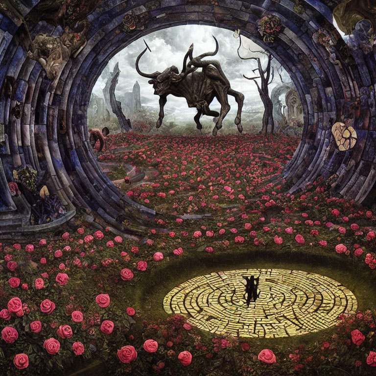 Ethereal rose-covered landscape with Minotaur sculpture and mysterious figures