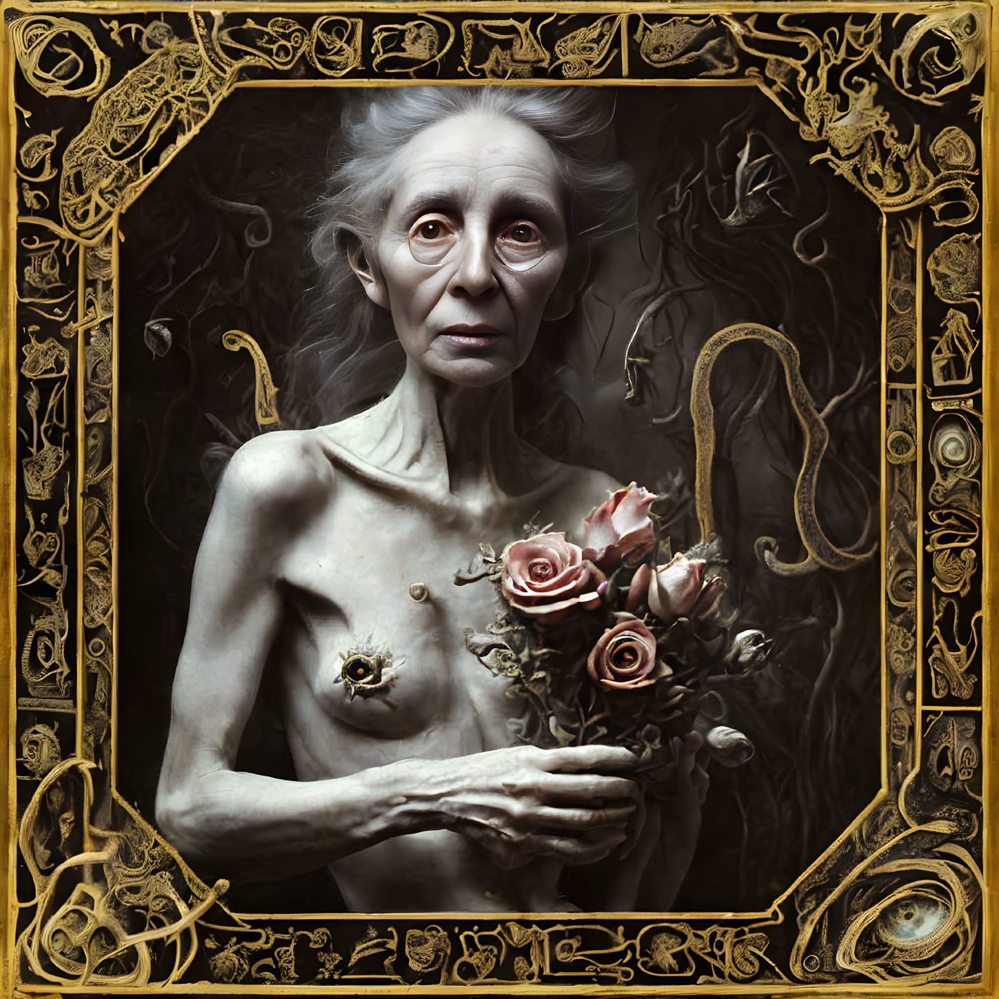 Elderly woman holding roses in ornate baroque frame