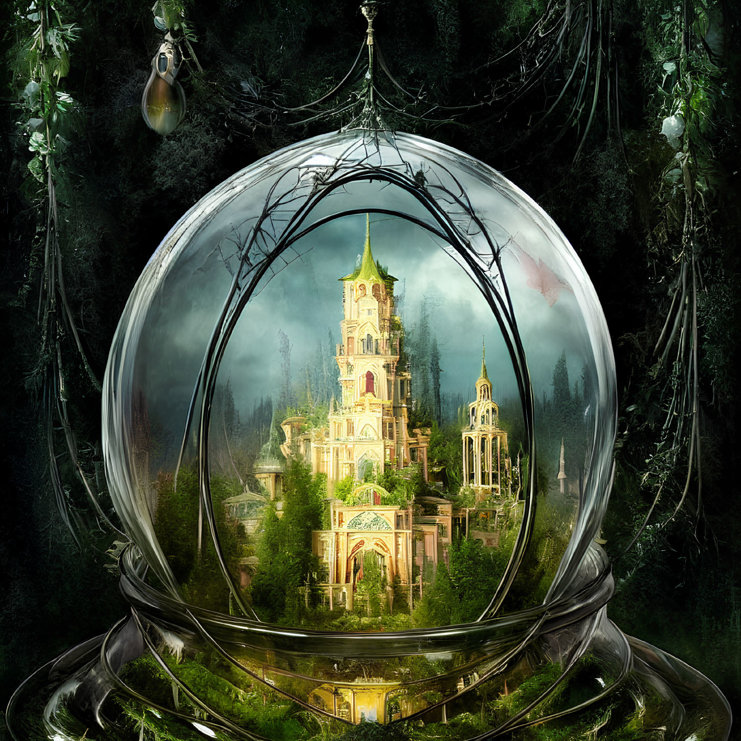 Fantastical artwork of ornate tower in transparent sphere amidst eerie forest