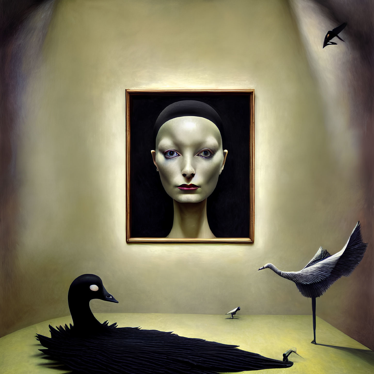 Surreal artwork with bald female face, black swan, crane, and birds on yellow backdrop