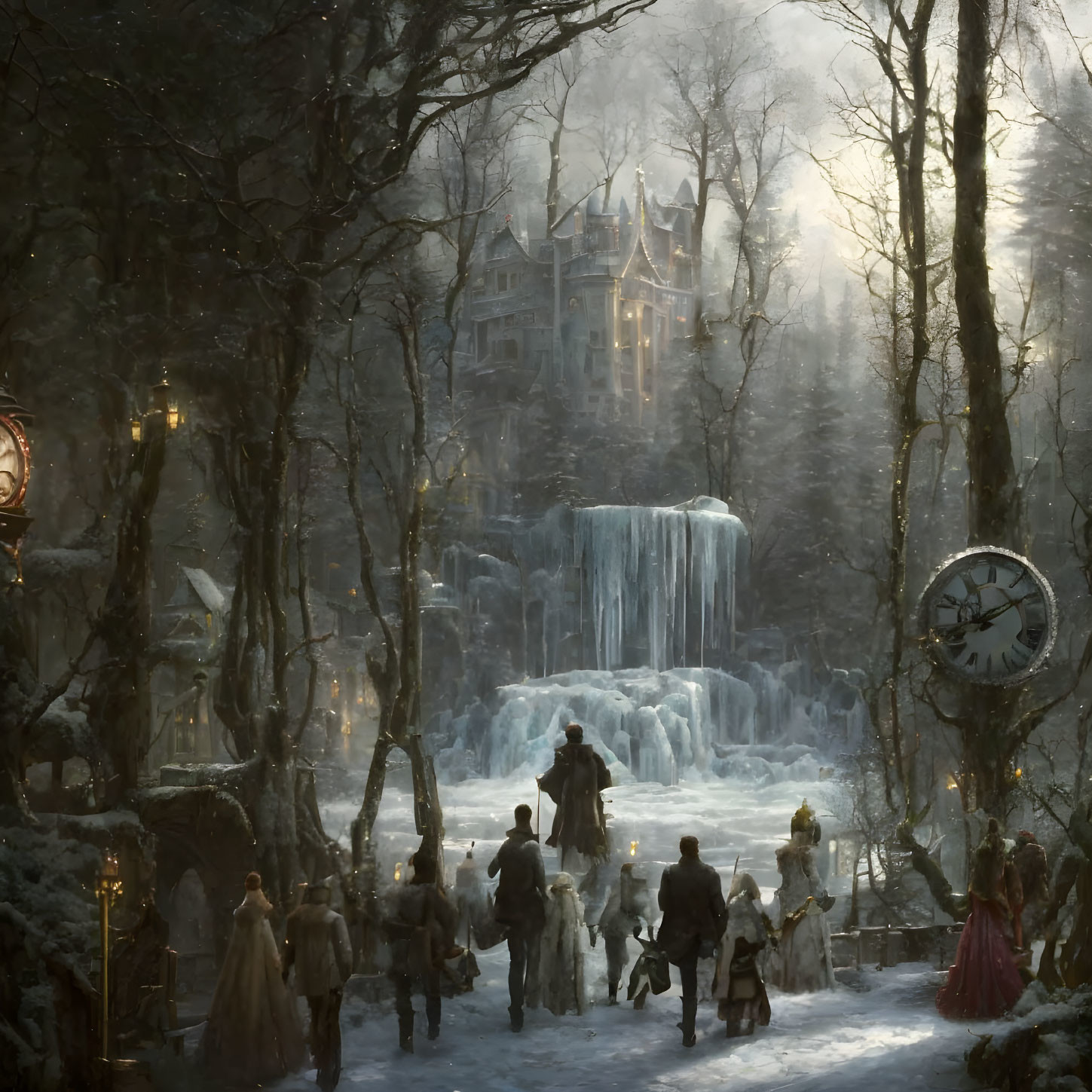 Victorian-era people walking to ice-covered castle in snow-laden forest