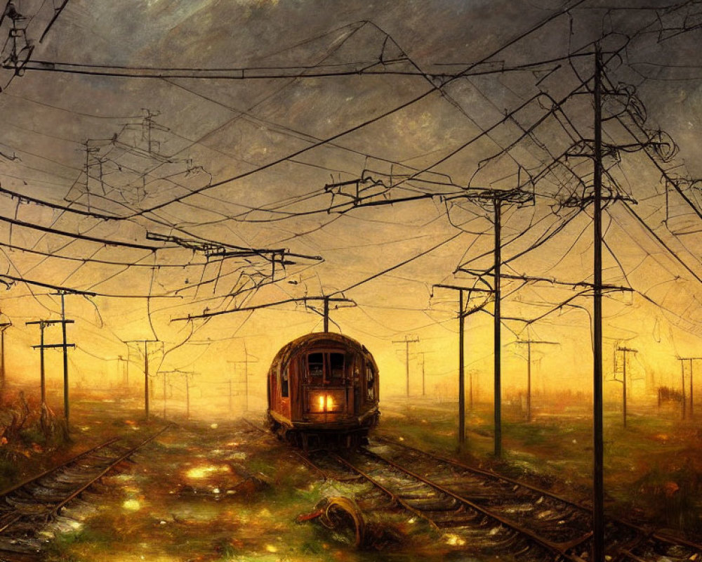 Abandoned tram on railway tracks in post-apocalyptic landscape