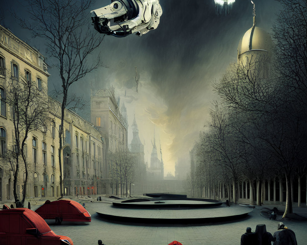 Dark urban scene with flying car, vintage attire, red vehicles, and futuristic elements mixed with classical architecture