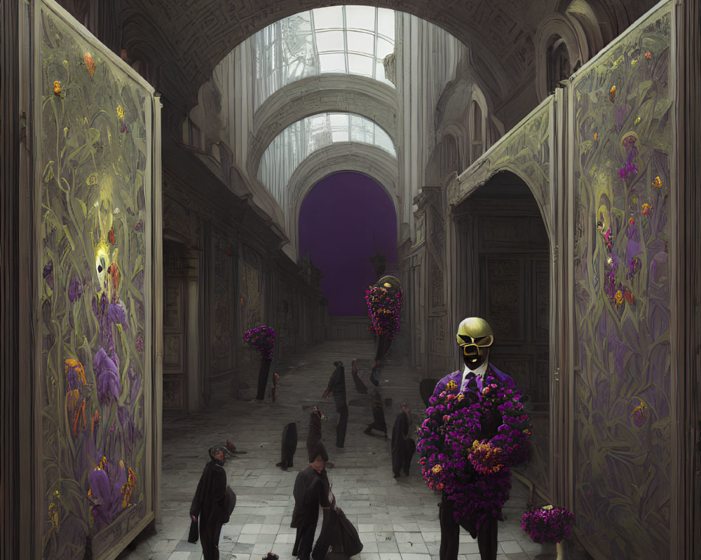 Luxurious hallway with dark-clad figures, ornate double doors, vibrant flowers, and a skull