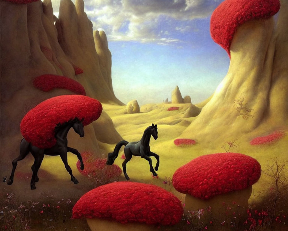 Surreal landscape with oversized red-capped mushrooms and black horses running at twilight