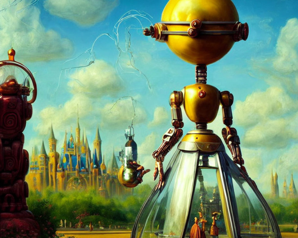 Whimsical robot painting with glass dome skirt and golden sphere torso under blue skies and castle.