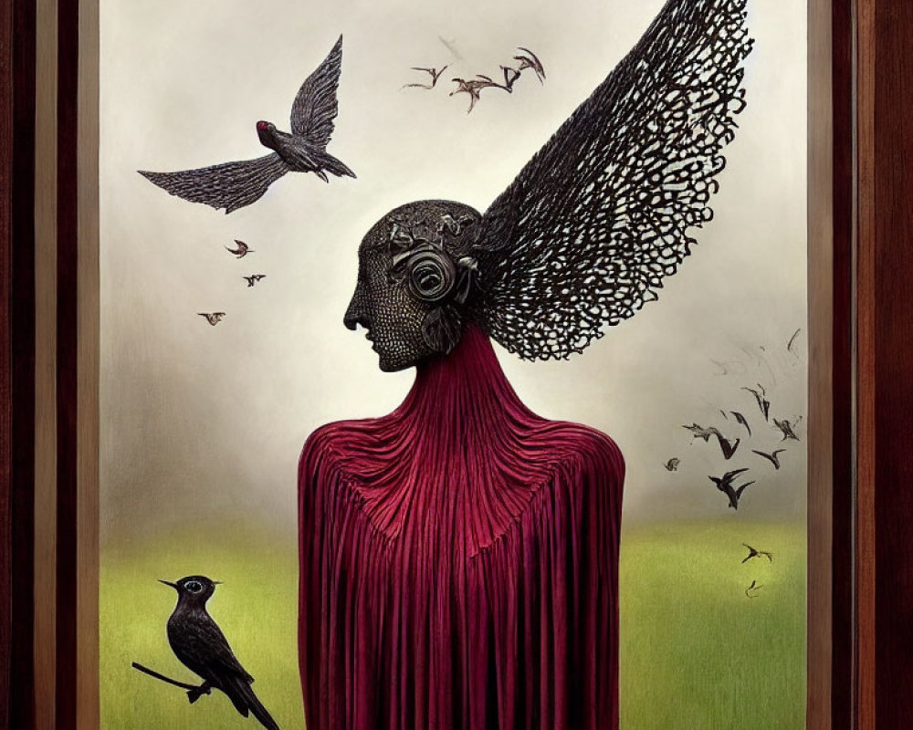 Surreal artwork: figure with bird-like head in red, birds flying, green background, wooden